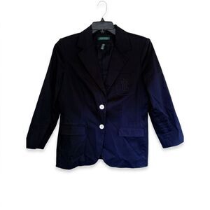 Lauren Ralph Lauren Navy Blue Crest Blazer Jacket Cotton Blend Size 12 Preppy